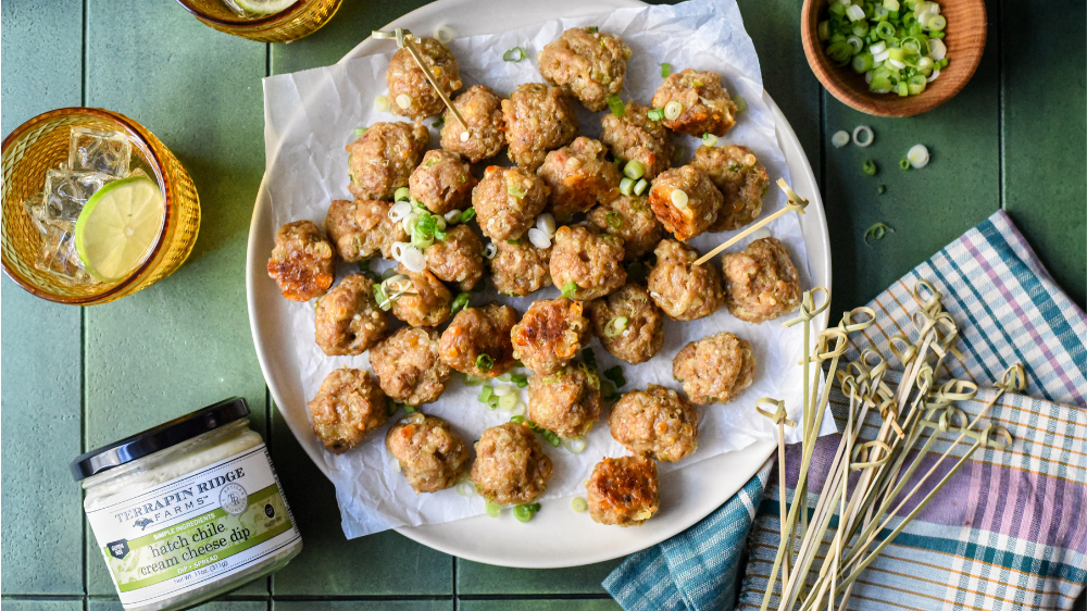 Hatch Chile Cream Cheese Sausage Balls with Terrapin Ridge Farms Hatch Chile Cream Cheese Dip Hatch Chile Cream Cheese Sausage Balls with Terrapin Ridge Farms Hatch Chile Cream Cheese Dip